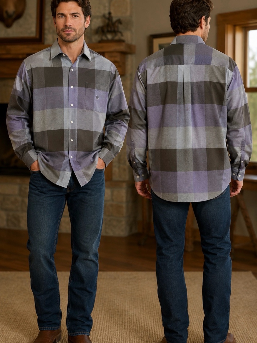 Cinch Men’s Large Purple Black Plaid Western Button-Down Shirt